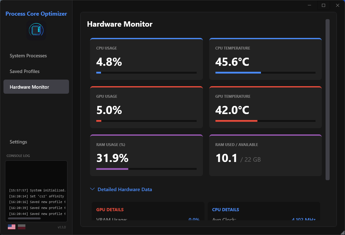 Monitor sprzętu w Process Core Optimizer