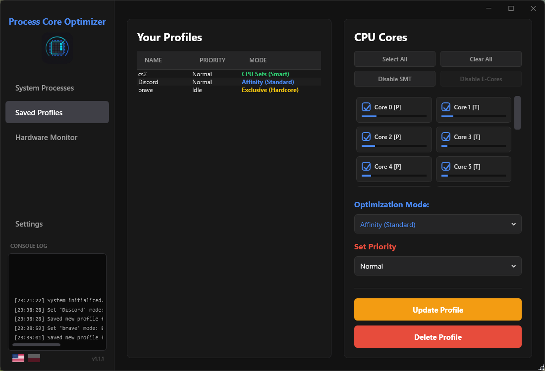 Zapisane profile w Process Core Optimizer